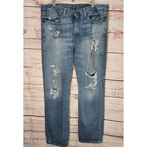 Levis 514 Straight Fit Heavy Distressed Grunge Medium Wash Blue Jeans W36 L32